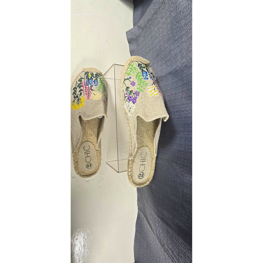 CHIC Women's Beige Canvas Espadrille Slide Flats Embroidered Floral EU 40